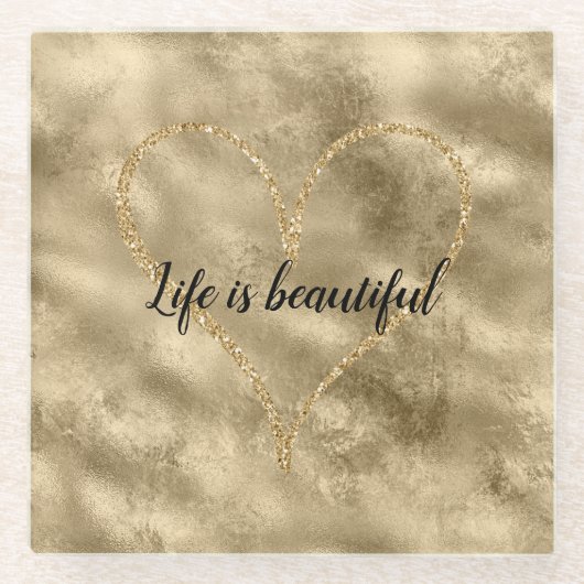 Antiek gouden glitter hart glazen onderzetter (Voorkant)