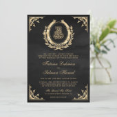 Antiek gouden kuif zwart moslim bruiloft kaart (Staand voorkant)