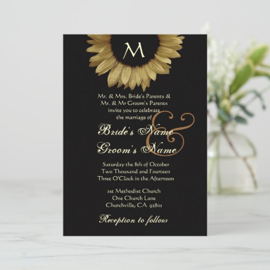 Antiek goudkleurig zonnebloemhuwelijk kaart (Staand voorkant)