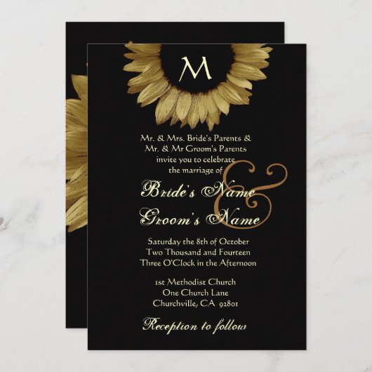 Antiek goudkleurig zonnebloemhuwelijk kaart (Voorkant / Achterkant)