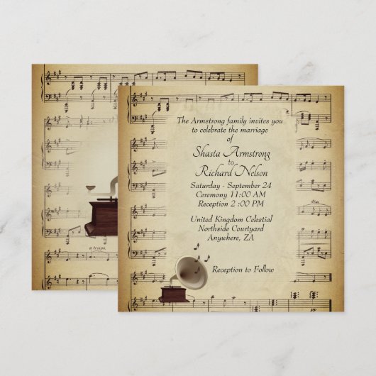 Antiek Gramophone Music Wedding Theme Uitnodiging (Voorkant / Achterkant)