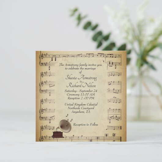 Antiek Gramophone Music Wedding Theme Uitnodiging (Staand voorkant)