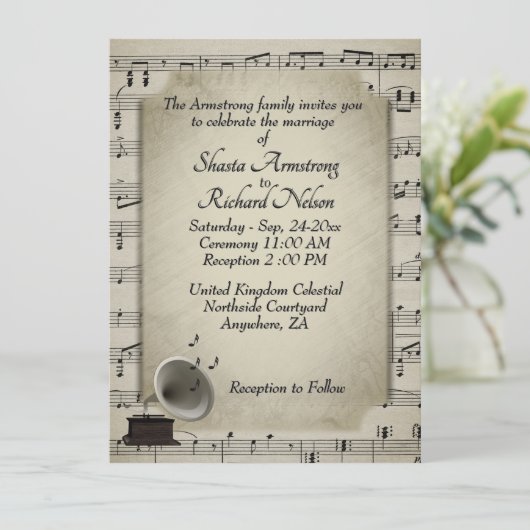 Antiek Gramophone Music Wedding Theme Uitnodiging (Staand voorkant)