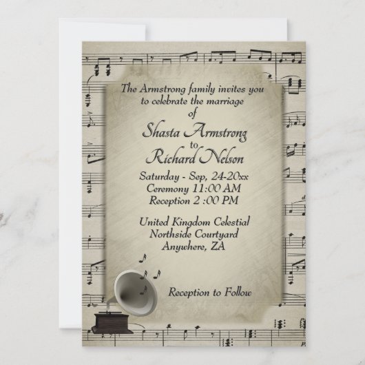 Antiek Gramophone Music Wedding Theme Uitnodiging (Voorkant)
