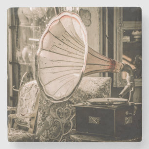 Antiek  Gramophone Muziek Thema Stenen Onderzetter