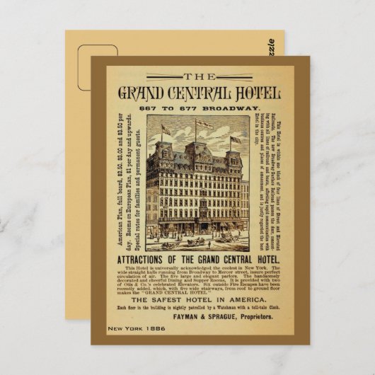 Antiek Grand Central Hotel en New York City Briefkaart (Voorkant / Achterkant)