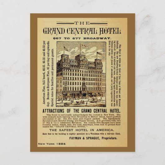 Antiek Grand Central Hotel en New York City Briefkaart (Voorkant)