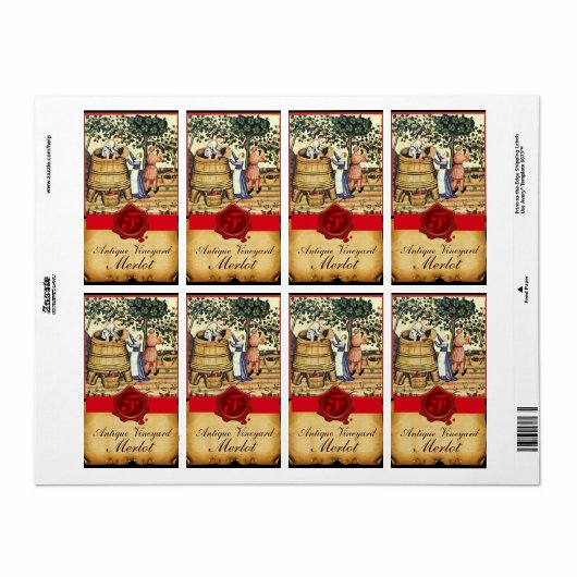 ANTIEK GRAPE VINEYARD HARVEST WAX SEAL MONOGRAM ETIKET (Full Sheet)