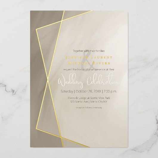 antiek grijs goudlijst troupografie bruiloft goud folie uitnodiging (Voorkant)