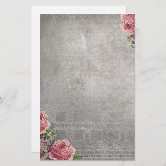Antiek grijs met roze rozenstrookkerij briefpapier (Voorkant / Achterkant)