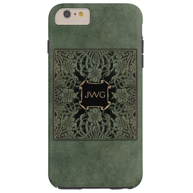 Antiek groen getoold leder monogram boekje Hoesje (Achterkant)