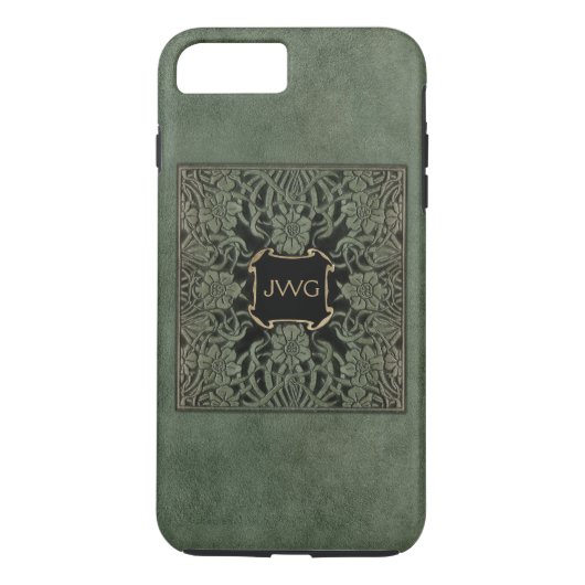 Antiek groen getoold leder monogram boekje Hoesje (Achterkant)