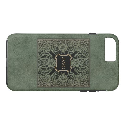 Antiek groen getoold leder monogram boekje Hoesje (Achterkant (Horizontaal))