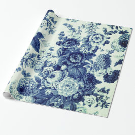 Antiek Groene Indigo Blauwe  Floral Toile Cadeaupapier