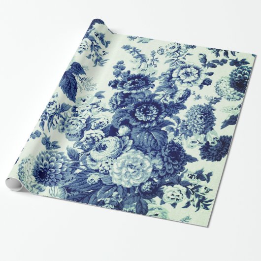 Antiek Groene Indigo Blauwe Floral Toile Cadeaupapier (Uitgerold)