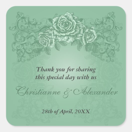 Antiek Groene Rozen Bruiloft Sticker (Voorkant)
