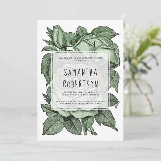 Antiek groene rozen oud vrijgezellenfeest bruiloft kaart (Staand voorkant)