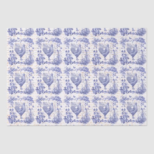 Antiek  Haan Blauw Bloemen Script Tissuepapier (Voorkant)