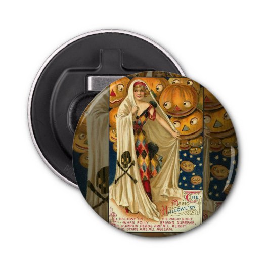 Antiek Halloween Jack O Lantern kostuum vrouw Button Flesopener (Voorkant)
