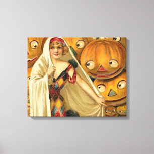 Antiek Halloween Jack O Lantern kostuum vrouw Canvas Afdruk