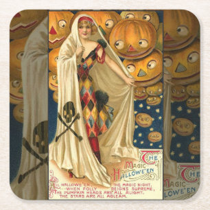 Antiek Halloween Jack O Lantern kostuum vrouw Kartonnen Onderzetters