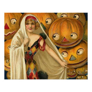 Antiek Halloween Jack O Lantern kostuum vrouw Poster