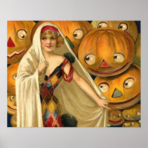 Antiek Halloween Jack O Lantern kostuum vrouw Poster