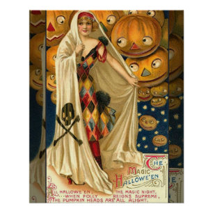 Antiek Halloween Jack O Lantern kostuum vrouw Poster