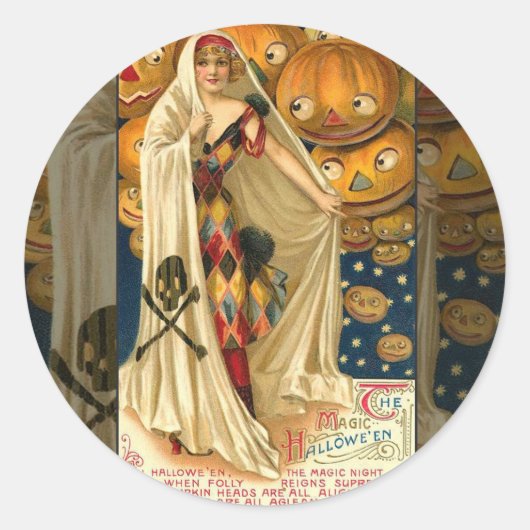 Antiek Halloween Jack O Lantern kostuum vrouw Ronde Sticker (Voorkant)