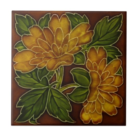 Antiek herfstkleuren Floral Majolica Tile Repro Tegeltje (Voorkant)