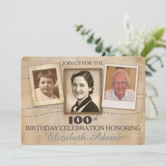 Antiek herinneringen | Drie foto Verjaardag uitnod Kaart (Staand voorkant)