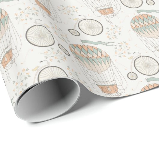 Antiek  heteluchtballonnen en fietsen cadeaupapier (Rol Hoek)