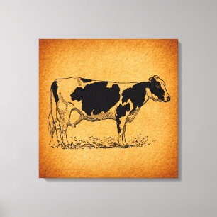 Antiek Holstein Cow Boerderij Animal Illustration Canvas Afdruk