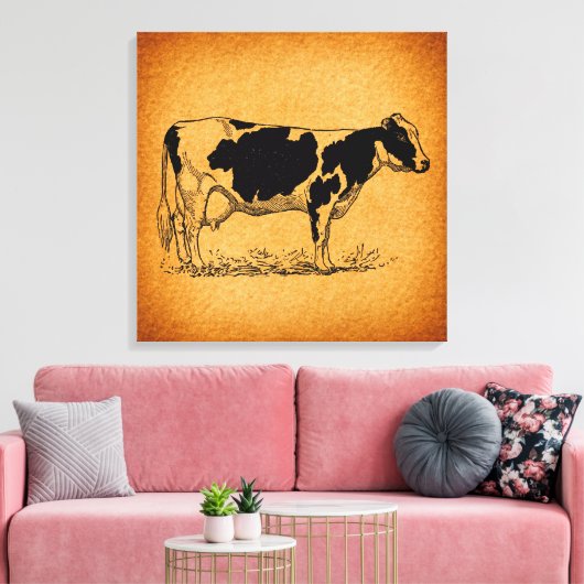Antiek Holstein Koe Boerderij Dierenillustratie Canvas Afdruk (Insitu (Woonkamer))