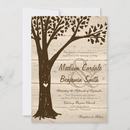 Antiek Hout Carved Heart Tree Wedding Invites Kaart (Voorkant)
