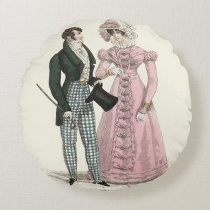 Antiek Huwelijk Koppel 1823 Man Vrouw Mode Rond Kussen