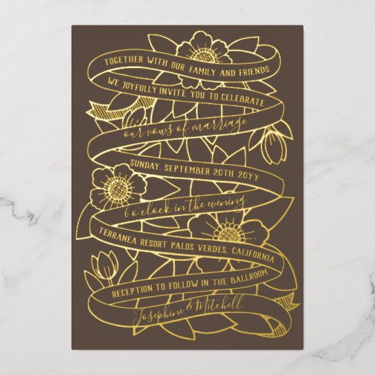 Antiek huwelijk met handgetekende kunsten folie uitnodiging (Voorkant)