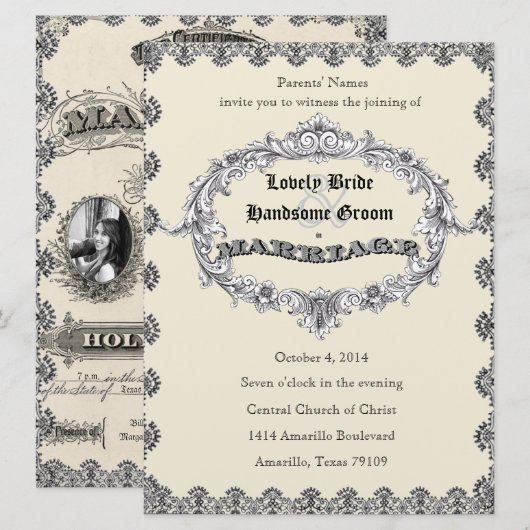 Antiek huwelijkslicentie Foto bruiloft Uitnodiging (Voorkant / Achterkant)