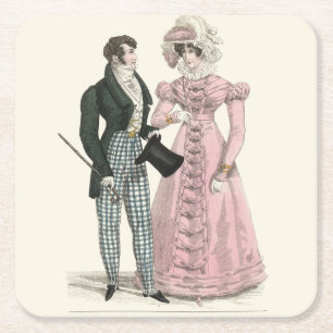 Antiek Huwelijkspaar 1823 Man Vrouw Mode Kartonnen Onderzetters