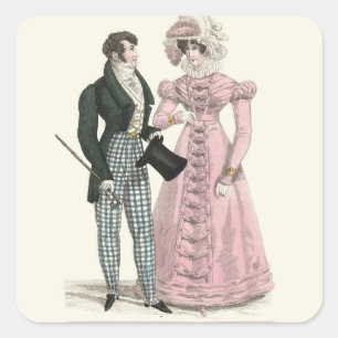 Antiek Huwelijkspaar 1823 Man Vrouw Mode Vierkante Sticker