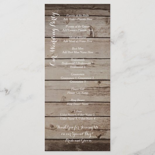 Antiek huwelijksprogramma's met hout - Rustic Coun Programmakaart (Achterkant)