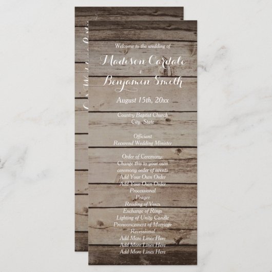 Antiek huwelijksprogramma's met hout - Rustic Coun Programmakaart (Voorkant / Achterkant)