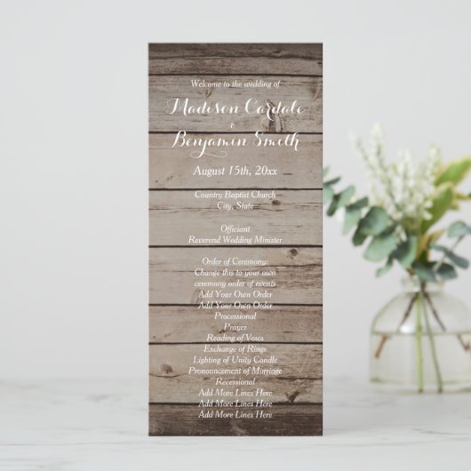 Antiek huwelijksprogramma's met hout - Rustic Coun Programmakaart (Staand voorkant)