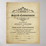 antiek huwelijksverklaring "Sacred Commitment" Poster<br><div class="desc">Bewaar je trouwherinneringen! Ceremonial Wedding Certificates for ALL Unions and Partnerships. Personaliseer om "het uw eigen te maken" — Herwoord alle tekst / alle zinnen om uw unieke unie weer te geven. Dit type certificaat bevat handtekeninglijnen voor de ambtenaar, getuigen of Beste Man en Maid of Honor om te ondertekenen....</div>