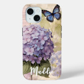 Antiek Hydrangea & Vlinderblauw Aangepaste Naam Case-Mate iPhone Case (Achterkant)