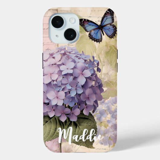Antiek Hydrangea & Vlinderblauw Aangepaste Naam Case-Mate iPhone Case (Achterkant)