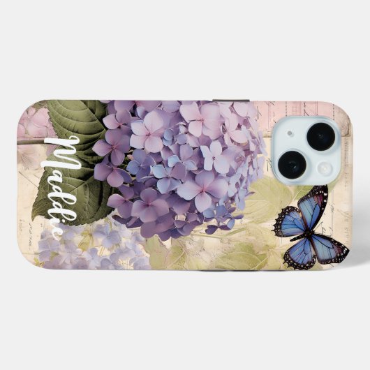 Antiek Hydrangea & Vlinderblauw Aangepaste Naam Case-Mate iPhone Case (Achterkant (horizontaal))