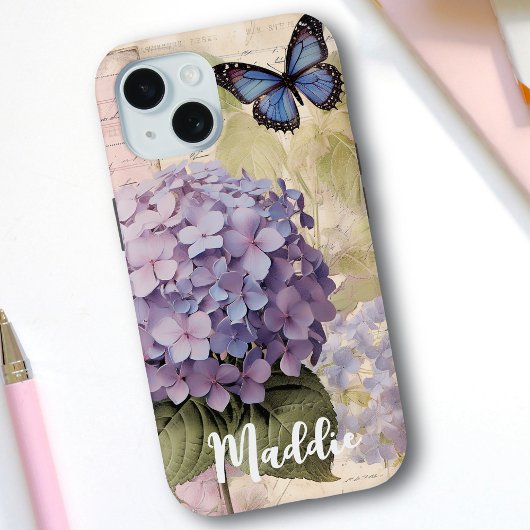 Antiek Hydrangea & Vlinderblauw Aangepaste Naam Case-Mate iPhone Case