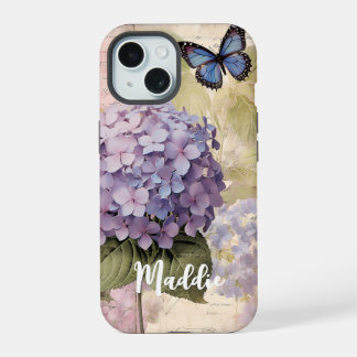 Antiek Hydrangea & Vlinderblauw Aangepaste Naam iPhone 15 Case