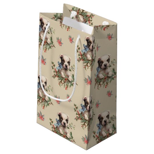 Antiek illustratie Sweet Dog-kerstpatroon Klein Cadeauzakje (Achterkant Gekanteld)